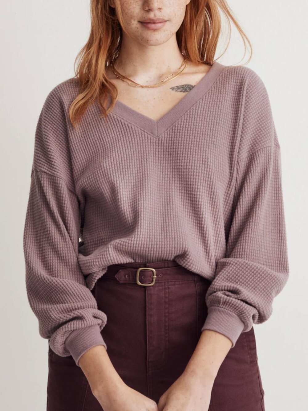 Madewell Women's Waffle Knit Sweater V-Neck Long Sleeve Mauve Purple Relaxed XXS